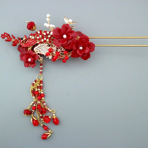 Bride cheongsam Chinese wedding peacock hair stick in red with tassel, Traditional red flower Chinese bridal hair pin for Qi pao dress