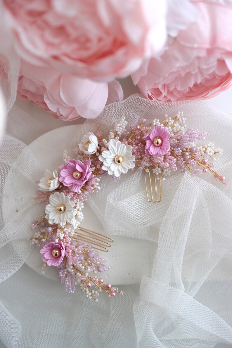White Baby Breath Bride Headpiece, Bridal Hairpiece Pink Baby Breath