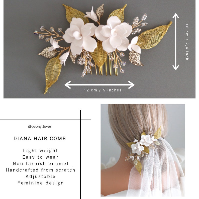 White flower hair comb for veil Back hair accessories for bride White and gold Bridal hairpiece Wedding floral headpiece