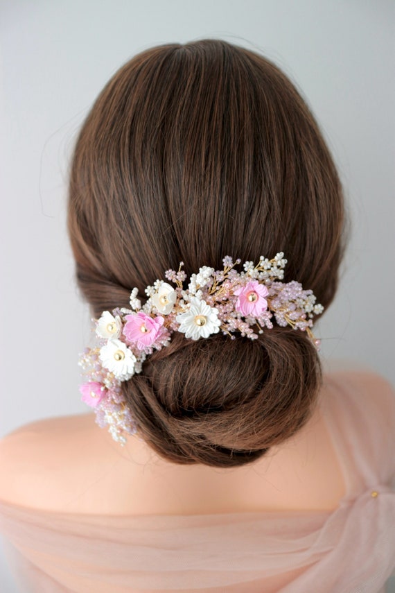 White Baby Breath Bride Headpiece, Bridal Hairpiece Pink Baby