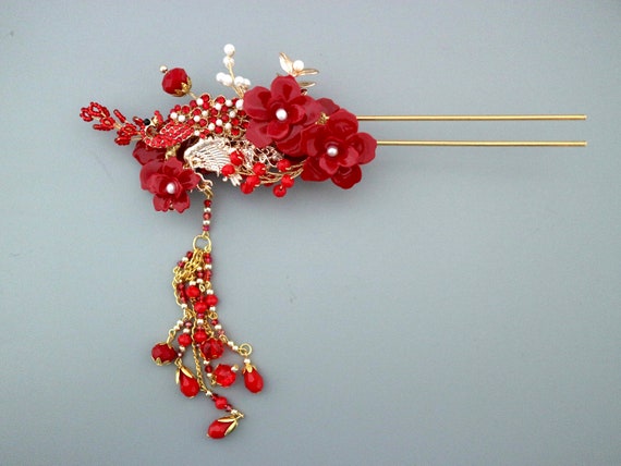 Traditional Red and Gold Chinese Wedding Hair Stick With  display picture 1