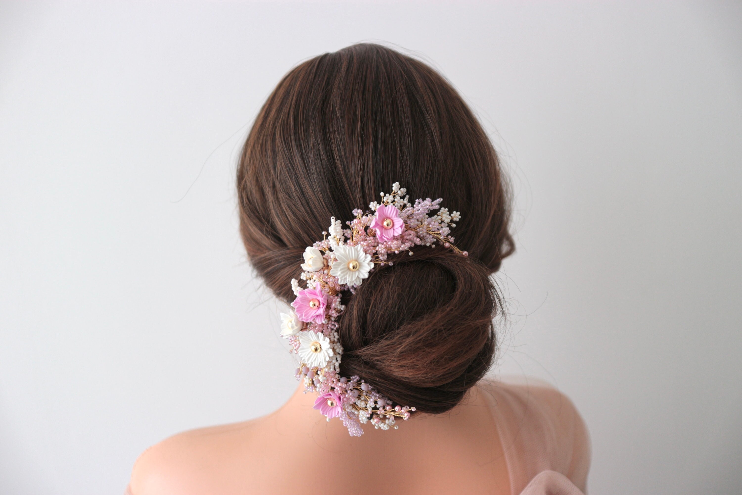 花冠　 pink baby wedding♪ 　大人♪ White Baby Breath Bride Headpiece, Bridal Hairpiece Pink Baby