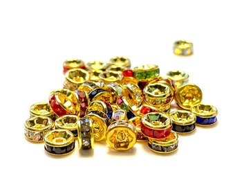 Gold Rondelle Czech Rhinestone Rondelle Spacer Beads, 5mm 6mm 8mm 10mm, 100pcs beadig, jewelry making, Craft Supplies, Findings