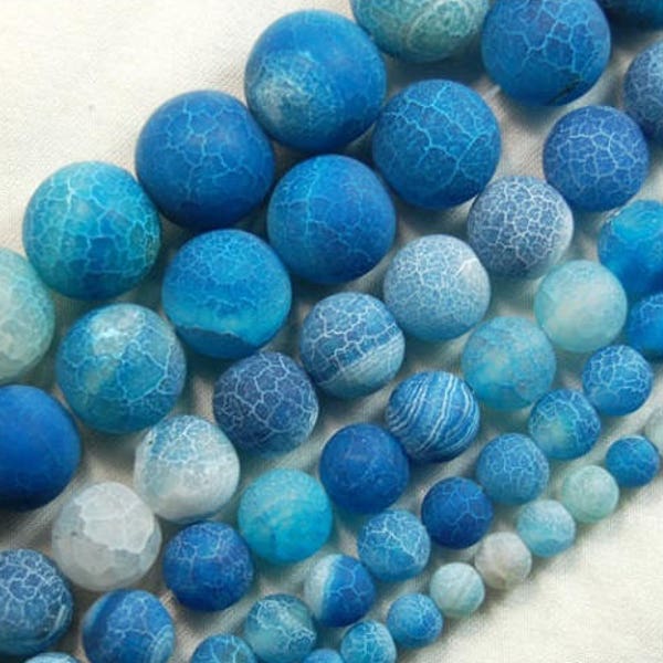 Natural Matte Frosted Blue Fire Crackle Agate beads, 4mm 6mm 8mm 10mm 12mm 14mm 16mm Stone Round Jewelry Gemstone Beads