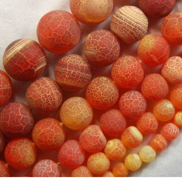 Natural Matte Frosted Orange Hyacinth Fire Crackle Agate beads, 4mm 6mm 8mm 10mm 12mm 14mm 16mm Stone Round Gemstone Beads Jewelry making