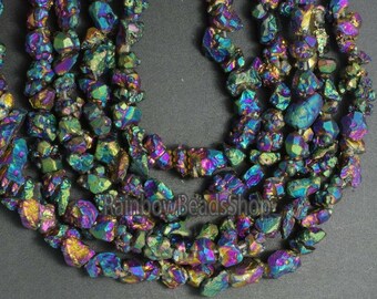 Full Strand Multicolor Titanium Rock Crystal Quartz Chip Nugget,Polished Druzy Quartz Raw Gems Plated Colorful Crystal Freefrom Tiny Bead