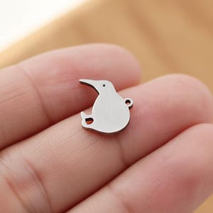 May include: A small, silver-colored charm in the shape of a kiwi bird. The charm has a small hole at the top for attaching to a chain or other jewelry. The kiwi bird has a long beak and a small eye.