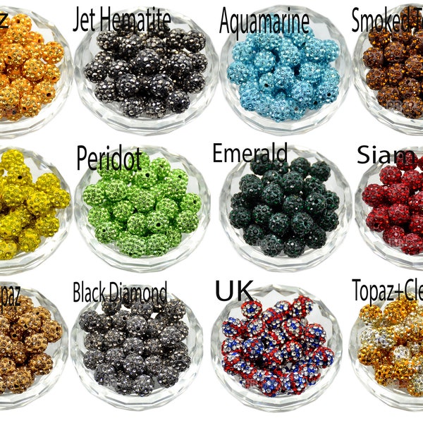 10 pièces perles rondes en cristal strass, 6 mm 8 mm 8 mm 10 mm 12 mm boules disco en argile pavées, grosses perles de chewing-gum, perles acryliques Gumball