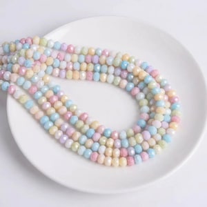 May include: Strands of pastel-colored beads in shades of pink, blue, yellow, and lavender. The beads are faceted, giving them a sparkling appearance. The beads are arranged on a white plate, suggesting they are for jewelry making.