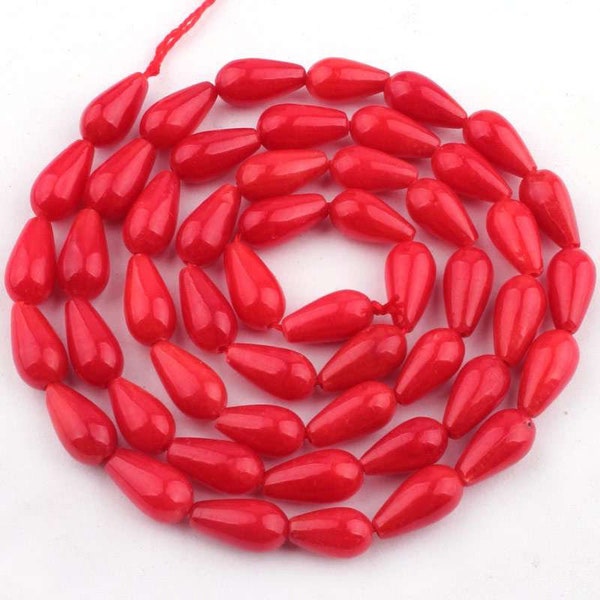 Perles de goutte de corail naturel, corail rouge goutte d’eau, perles lisses, perles lisses, brin de 16 pouces