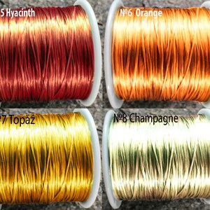 May include: Four spools of thread in different colors: red, orange, yellow, and cream. The spools are labeled with numbers and color names: No. 5 Hyacinth, No. 6 Orange, No. 7 Topaz, and No. 8 Champagne.