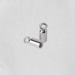 Può includere: Due tappi terminali in metallo argentato con un anello ad un'estremità. I tappi sono cilindrici e hanno una finitura liscia.