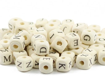 Wood Alphabet Cube Beads - 10 mm square, English Letters A-Z, 26-52 pcs, Beech Wood,  eco friendly