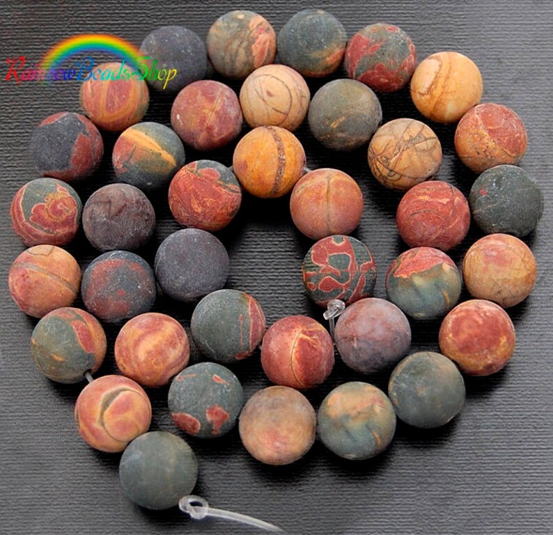 Matte Jasper Picasso beads, round shape, bead size 10mm, on 15.5 inch strand