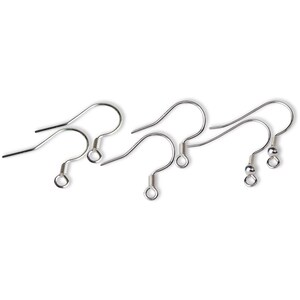 May include: Several silver-colored earring hooks are arranged against a white background. The hooks have a curved design with a loop at the bottom for attaching beads or charms. Some hooks have a small ball at the bottom.