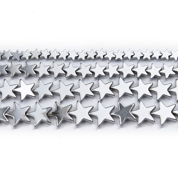 Silver Flat Star Hematite Loose Gemstone beads, 4mm 6mm 8mm 10mm Natural Stone Jewelry and Beading Beads, 16'' strand