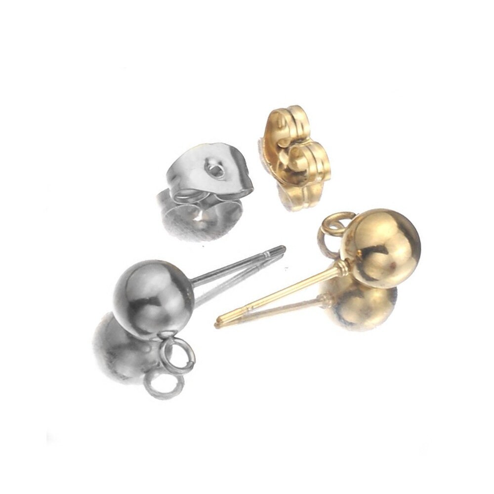 Stainless Steel  Round Ball Earring Post Stud Loop Base Earrings, 3 4 5 6 8mm Earring Setting Charm, Bezels Bases 20pcs