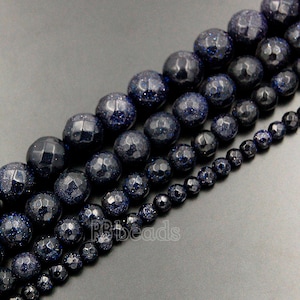 Perline di pietra d&#39;oro blu - Perline di gioielli sfaccettate in pietra arenaria - Pietra rotonda da 4, 6, 8 e 10 mm - Filo da 15,5 pollici