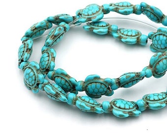 Blue Dyed Howlite Turtle stone Beads, Carved Stone Beads, 14x17mm Jewelry Making Beads, 16'' Strand