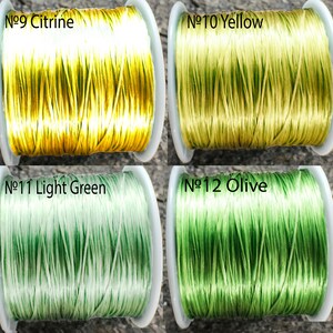 May include: Four spools of thread in different colors. The spools are labeled with numbers and color names: No. 9 Citrine, No. 10 Yellow, No. 11 Light Green, and No. 12 Olive.