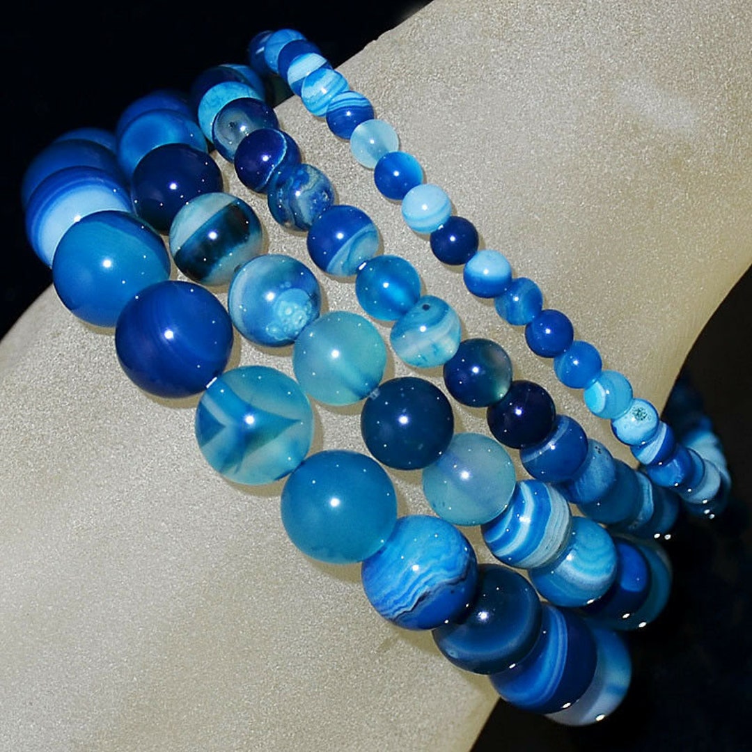 Bracelet de pierres précieuses d'agate ronde à rayures bleues guérison par cristal - Etsy