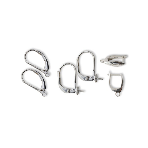 French Leverback Ear Wires Hook Findings, Sterling Silver Components, for choice: hinged, with Pearl fittings, closed loop or open jump ring