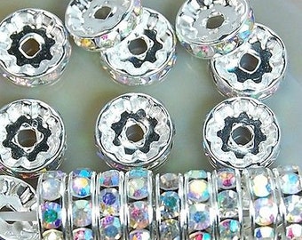 Clear AB Czech Crystal Rhinestone Silver Rondelle Spacer Beads, 100pcs 4mm 5mm 6mm 8mm 10mm, beadig, jewelry making Craft Supplies, Findings