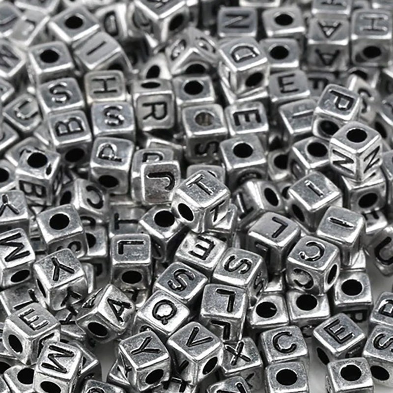 Silver Letter Cube Beads, 6mm Alphabet plastic Carved Square Symbo Beads, 100pcs