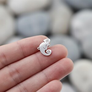 May include: A small, silver chameleon charm. The charm has a detailed design of the reptile, including its eye, scales, and curled tail. The charm is shown against a blurred background.