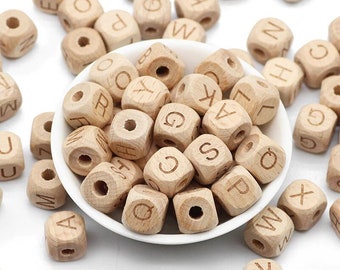 Wood Letters Beads - 12 mm square, Alphabet cube beads, large hole beads Beech Wood, 26 pcs,  eco friendly