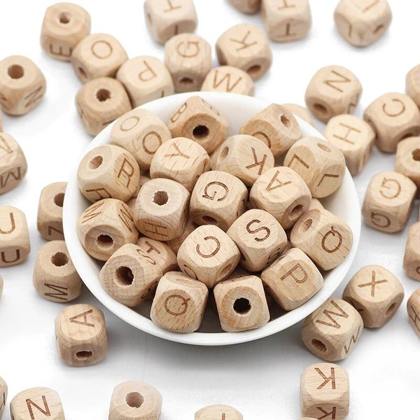 Perles de lettres de bois - carré de 12 mm, perles de cube d’alphabet, grandes perles de trou bois de hêtre, 26 pcs, respectueux de l’environnement