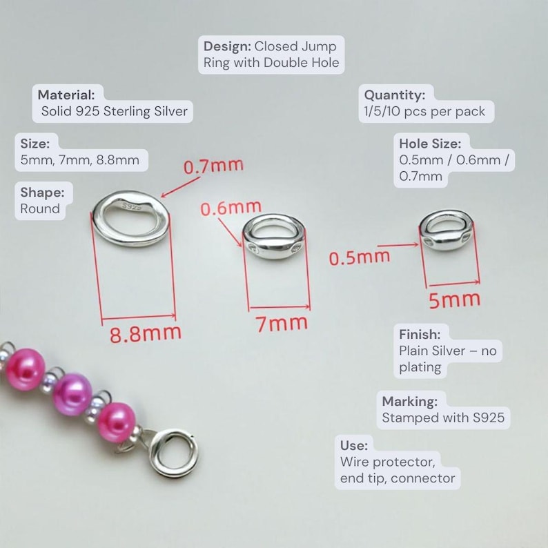 925 Sterling Silver Closed Jump Rings With Double Hole, Wire Protectors ...