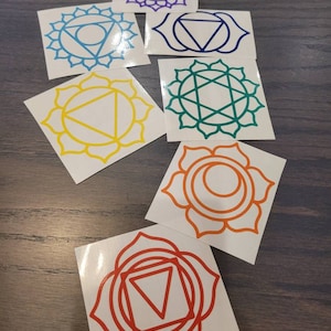 Può includere: Sette simboli dei chakra su adesivi quadrati bianchi. I simboli sono contornati da diversi colori: viola, blu, verde, giallo, arancione e rosso. Ogni simbolo è circondato da un design a forma di fiore.