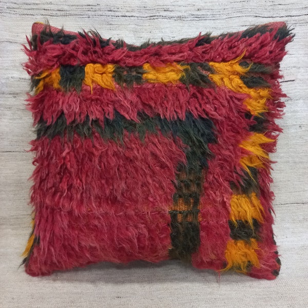 Türkisches Angora-Teppichkissen, natürliches Wollkissen, Kelimkissen, Vintage-Kissen, Teppichkissen, Wohndekor-Kissen, handgefertigtes Kissen, 18 x 18 Zoll