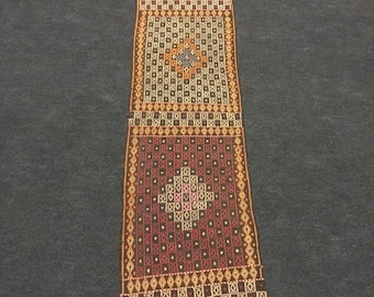 May include: A long, narrow, woven tapestry with a repeating geometric pattern in shades of red, brown, gold, and white.
