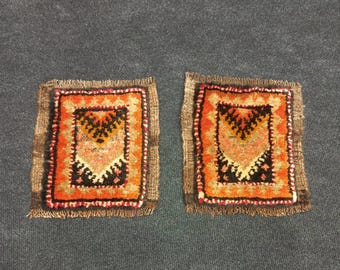 Pair Vintage Turkish Mini Rugs: Hand-Knotted Wool Wall Hanging (9x9")