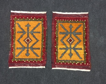 Pair Vintage Turkish Mini Rugs: Hand-Knotted Wool Wall Hanging (10x14" inches
