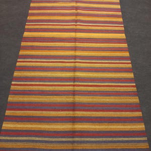Vintage Turkish Kilim Rug: Striped Wool, 4&#39;7&quot;x9&#39;4&quot;