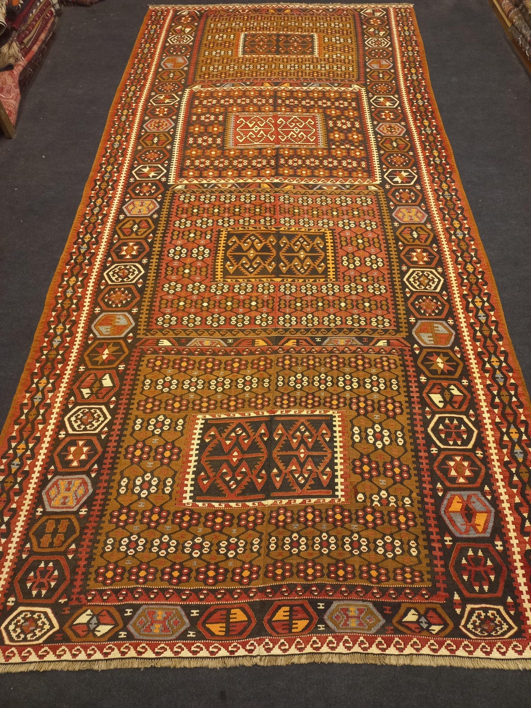 692 アンティークキリム トルコ トライバル インディゴ ラグ 百貨店購入 オールド絨毯/イラン・コチャン・クルド族/トライバルラグ約174