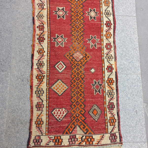 Rare Hand-woven Small Soumak Rug,Decorative Small Rug,Organic Wool Rug,Natural Colors Rug,Vintage Turkish Kilim Rug,1،7"x3,2"Ft,53x100cm