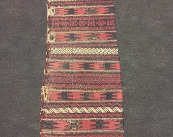 Antique Kurdish Kilim Rug: Fragment Embroidery, Wall Tapestry (1'4"x4'ft)