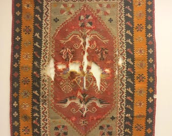 Antique Turkish Kilim Rug Fragment: Collectible Wool Wall Tapestry (3'6"x5'1")