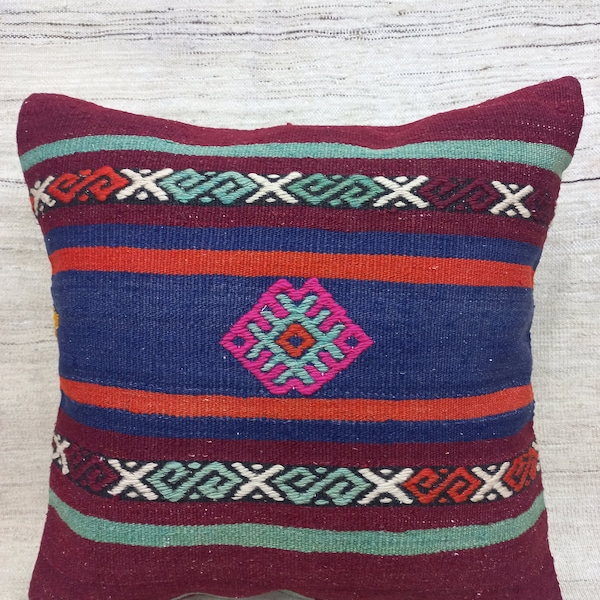 Turkish Kilim Pillow,Wool Cushion,Orange Blue Pillow،Vintage Pillow,Ethnic wool pillow,Home Decor Pillow,Handmade Pillow,16x16،40X40cm
