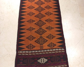 Orange ShorKilim Runner,Kocan Kurdish Rug,2،2"x5,2" Feet,67x160cm,Handwoven Tribal Kilim Runner Rug,Soumak Rug,Kilim Rug,Vintage Kilim Rug