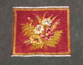 Handmade Old Turkish Mini Wool Rug: Square Carpet, Wall Decor Rug,14x17 Inches