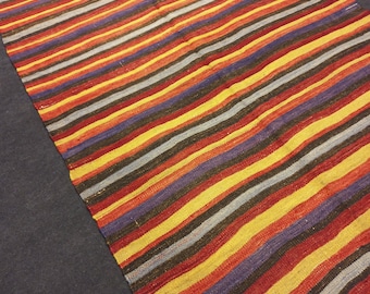 Colorful Kilim Rug,Striped Pattern Turkish Kilim,Vintage Kilim, 4,4"x9,7"ft,134x297Cm,Antryway Wool Rug,Flatwave Woven Anatolia Kilim Rug