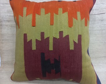 ヴィンテージトルコキリム枕：手織りウールクッションカバー（17x17