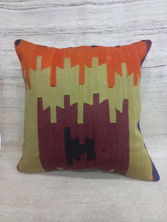 ヴィンテージトルコキリム枕：手織りウールクッションカバー（17x17
