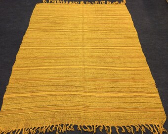 Yellow Turkish Kilim Rug: Vintage Striped Wool, Boho Decor (4'7"x6'2")