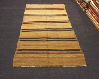 Brown Striped Kilim Rug,Handmade Unique Rug,Floor Rug,4&#39;6&quot;x7&#39;5&quot;ft,140x230cm,Camel Wool Kilim Rug,Tribal Vintage Kilim Rug,Turkish Kilim Rug